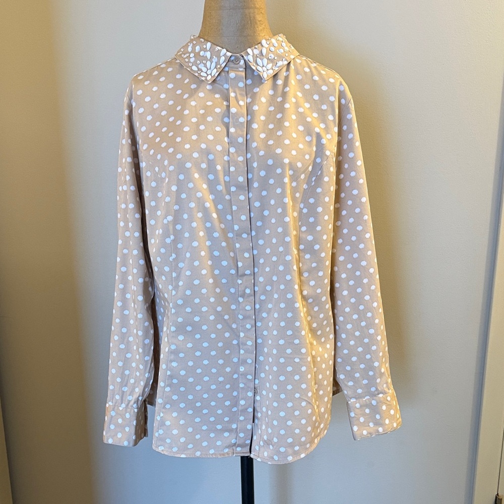 Lane Bryant Beige Polka Dot Shirt embellished collar